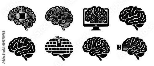 Artificial Intelligence Brain Icons Set - Digital Technology Circuitry and Cybernetic Thinking Symbols for Business Infographics, Web Design, Data Processing, Machine Learning, and Computer Networking