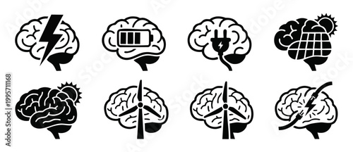 Brain energy icons set, renewable power and mental health concept symbols, human cognitive capacity and creative brainstorming icons, battery, solar and wind power creative mind vector illustrations.