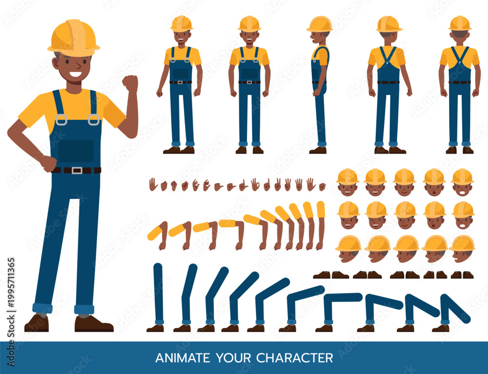 Fototapeta premium Male African American Construction Worker Character Constructor – Flat Design Vector Kit with Poses and Facial Expressions for Animation and Explainer Videos