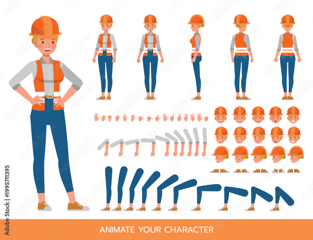 Obraz premium Woman construction worker Character Constructor – Flat Design Vector Kit with Poses and Facial Expressions for Animation and Explainer Videos