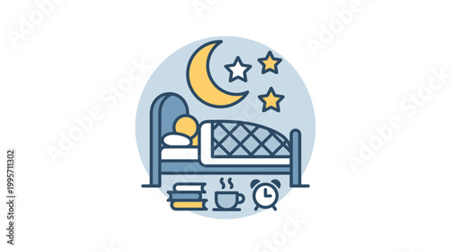 Person sleeping in bed with moon illustration, healthy rest and sleep habits lifestyle icon