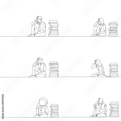 Set of continuous line drawing shows a man, woman, Arab, astronaut, and robot sitting sadly beside stacked papers. A powerful mental stress concept ideally suited for a psychology blog post layout.