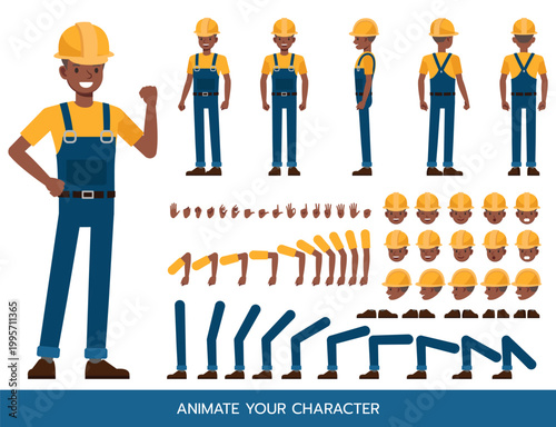 Male African American Construction Worker Character Constructor – Flat Design Vector Kit with Poses and Facial Expressions for Animation and Explainer Videos