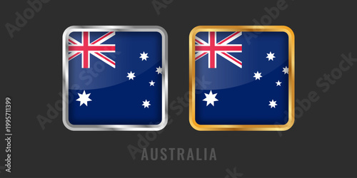 3D illustration of the Australian national flag in square glossy buttons. High-quality vector symbol of Australia with premium metallic frames.