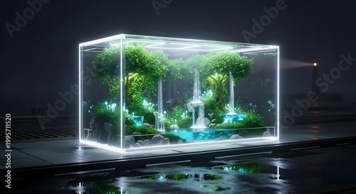 Captivating miniature ecosystem with lush greenery, a serene waterfall, and glowing butterflies inside a modern glass cube