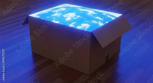 An unassuming cardboard box on a wooden floor surprisingly reveals a glowing miniature sky of blue light and soft white clouds, symbolizing boundless imagination and hidden wonder