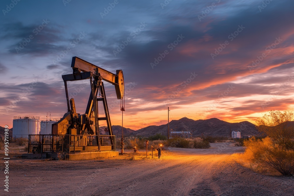 Naklejka premium Desert oilfield scene: pump unit operating at dusk with silhouetted equipment and distant tanks