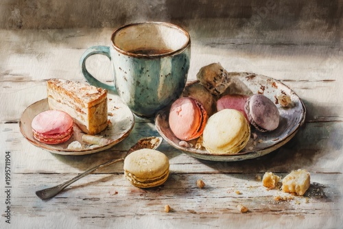 Delicate watercolor scene of treats and hot beverage on a wooden surface