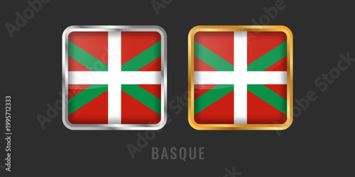 Ikurrina flag of the Basque Country in 3D square glossy icons with gold and silver metallic borders. Green cross and white cross on red field.