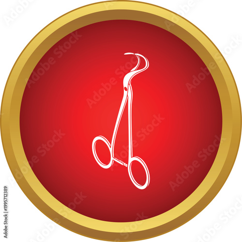 White outline illustrating a medical forceps surgical instrument in a gold bordered red circle