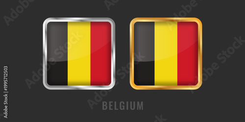 Realistic 3D square glossy flag of Belgium in gold and silver frames. Black, yellow, and red vertical tricolor national symbol for apps and web.
