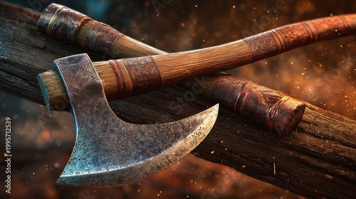 Dramatic fantasy weapon: double-headed axe on a carved haft in a forge-lit setting