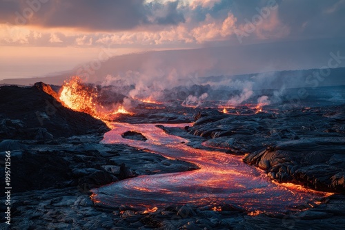 Dramatic lava glow illuminating dark rocks amid volcanic fog and steam