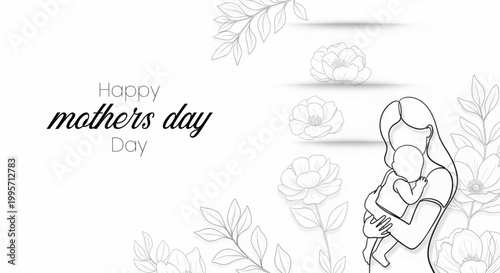 Elegant mother's day illustration with floral line art and calligraphy