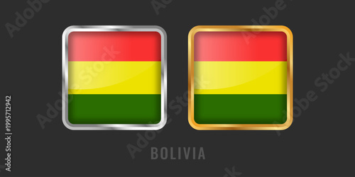 Symmetrical square gold and silver badges with the Bolivian national flag. Great for manufacturing origin tags, export documents, and patriotic digital assets.