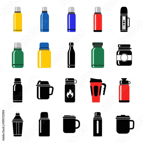 Collection of colorful thermoses and mugs, various designs and colors, isolated on white