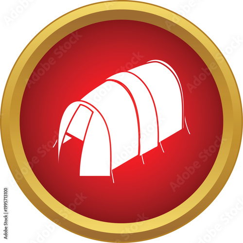 White camping tent icon centered in a bold red and gold round frame