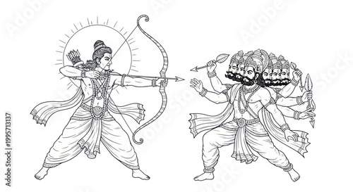 Lord Rama shooting arrow at Ravana, Indian mythology, epic battle illustration