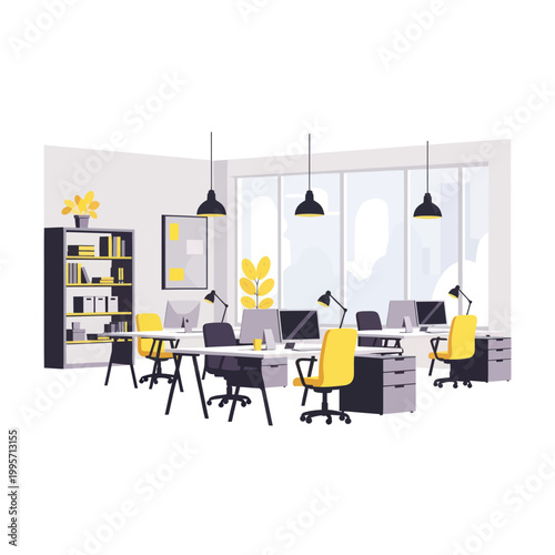Modern Office Interior with Desks, Computers, and Yellow Chairs - Flat Design