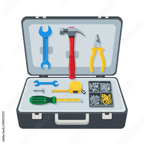 Open Toolbox with Tools and Fasteners - Repair and DIY Set