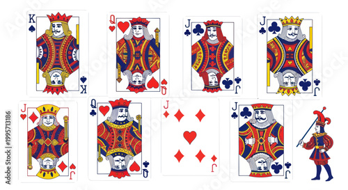 Playing Cards: King, Queen, Jack, and Jester on White Background