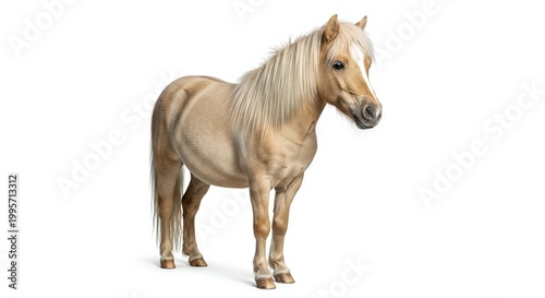 A beautiful palomino pony standing isolated on white background with a long mane and tail