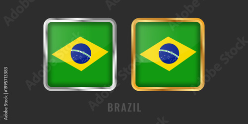 Realistic 3D glossy square flag of Brazil with gold and silver borders. Green field with yellow rhombus and blue globe national symbol for icons.
