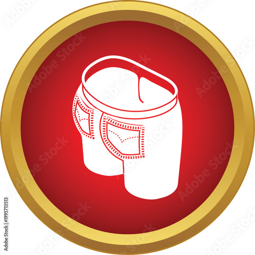 White outline of denim jeans with pockets on a red circle background