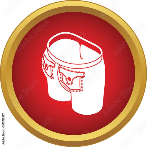 White outline of a short pant with pockets on a red and gold circular icon