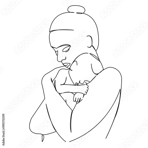 One continuous single drawing line art flat doodle mother, newborn, baby, family, woman, motherhood. Isolated image hand draw contour on a white background

