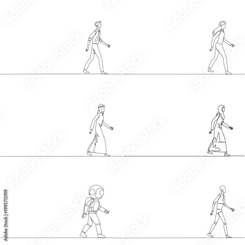 Set of one line drawing of a man, woman, Arabian, astronaut, and robot walking forward confidently. A positive progress concept that is incredibly suitable for an inspiring motivational book cover.