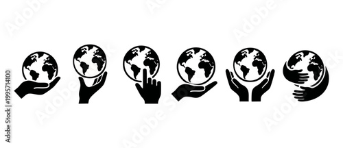 Hands Holding Planet Earth Icons Set, Earth Day Global Protection Concept, Black Silhouette Collection Isolated on White Background for Environmental Conservation and Sustainability Graphic Design Pro