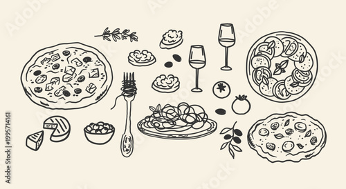 Italian Food Doodle. Hand drawn sketches of pizza, pasta, wine,  appetizers, Caprese salad, bruschetta, olives.  Mediterranean Cuisine Icons. Traditional Italy dishes. For menu,  cafe,  design