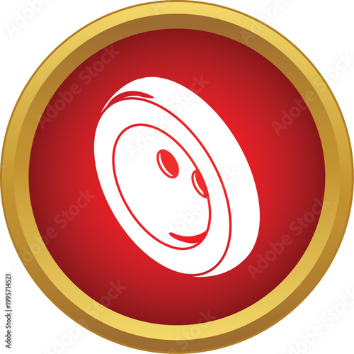 White clothing button fastener with two holes inside a red circle with a gold rim