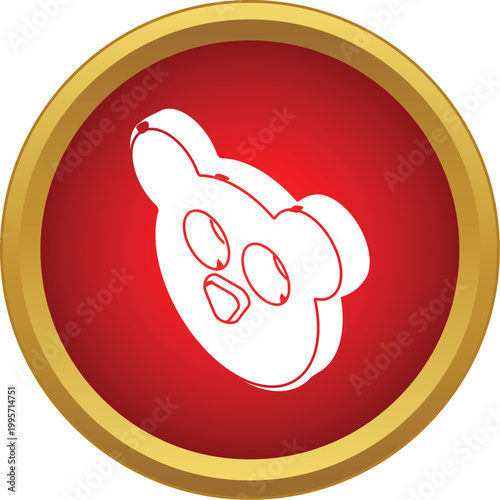 White outline of a bear head with an isometric perspective inside a vibrant red circle with a gold rim
