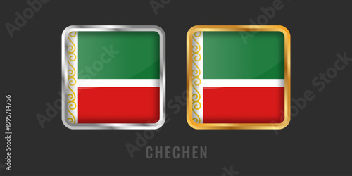 Luxury gold and silver square badges featuring the Chechen flag. High-quality emblems for regional identity markers and origin certification.