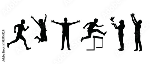 People Silhouettes Set Active Lifestyle Freedom and Success Concept. Diverse human characters jumping, running, jumping over hurdles, and releasing a dove bird, vector flat isolated on white backgroun
