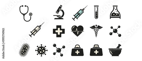 Medical and Healthcare Icons Set – Hospital, Laboratory and Medicine Symbols Collection