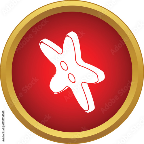 Star shaped sewing button icon in a gold rimmed red circle
