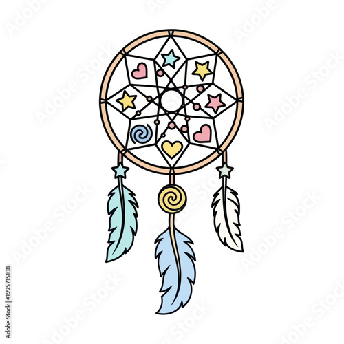 Dreamcatcher Native American Boho Style with Feathers, Stars, Hearts
