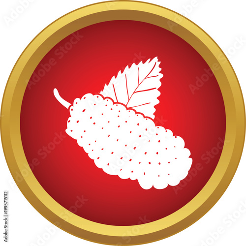 White mulberry fruit with a leaf on a red circle with gold outline design