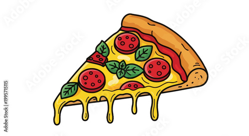 Delicious Pepperoni Pizza Slice with Melting Cheese and Basil Leaves