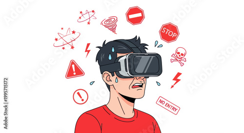 Man wearing VR headset feeling overwhelmed by virtual reality dangers