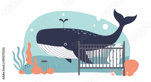 Whale and Baby Crib in Ocean - Surreal Underwater Scene