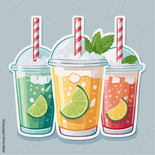 Three Colorful Iced Drinks with Lime and Mint