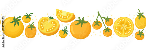 Seamless border with yellow whole tomatoes, half, slice and seeds. Horizontal pattern with fresh vibrant vegetables