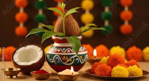 Traditional indian coconut pooja setup with fruits and sacred items