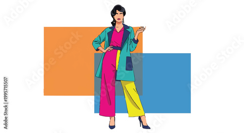 Fashionable woman in colorful retro outfit posing confidently