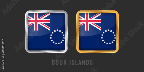 Professional square gold and silver labels featuring the Cook Islands flag. High-quality emblems for local products, manufacturing origin, and South Pacific identity.