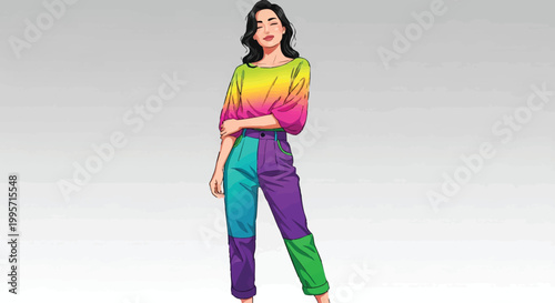 Woman wearing colorful gradient outfit standing confidently